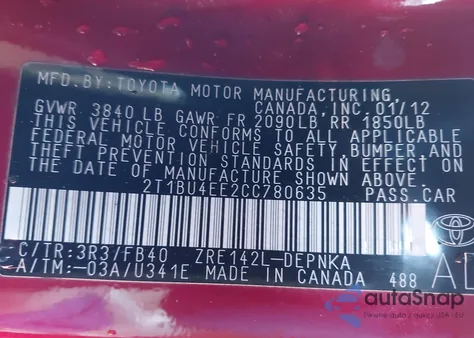 2012 Toyota Corolla Le из США, поврежденный, VIN 2T1BU4EE2CC780635